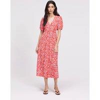 Finery London Floral Button Through Midi Waisted Dress Red Mix