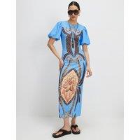 River Island Pure Cotton Textured Printed Midi Dress Blue Mix