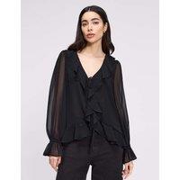 Finery London Chiffon V-Neck Ruffle Tie Front Blouse Black