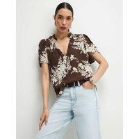 River Island Floral V-Neck Puff Sleeve Top Brown Mix