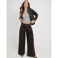 River Island High Waisted Belted Pleated Wide Leg Jeans Chocolate