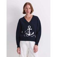 Sportscraft Cotton Rich Anchor Jacquard V-Neck Jumper Navy