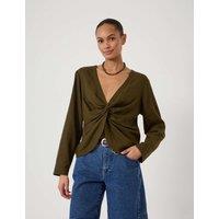 HUSH Linen Rich V-Neck Twist Front Top Khaki