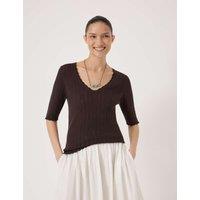 HUSH Fine Pointelle V-Neck T-Shirt Dark Brown