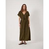 HUSH Linen Blend V-Neck Midaxi Waisted Dress Olive