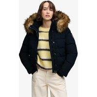 Superdry & Co Hooded Faux Fur Trim High Neck Bomber Jacket Navy