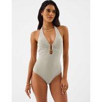ACCESSORIZE Geometric Padded U-Wire Halterneck Swimsuit Khaki