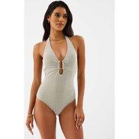 ACCESSORIZE Geometric Padded U-Wire Halterneck Swimsuit Khaki