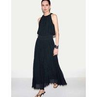 Jigsaw Plisse Crew Neck Midaxi Waisted Dress Black