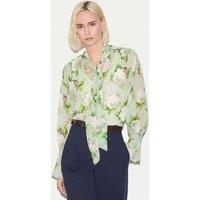 Jigsaw Sheer Floral Tie Neck Shirred Cuff Blouse Green Mix
