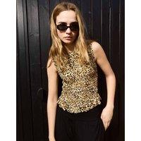 BAUKJEN Animal Print Crew Neck Shirred Vest Top Yellow
