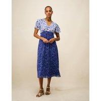 Crew Clothing Geometric V-Neck Midi Tea Dress Blue Mix
