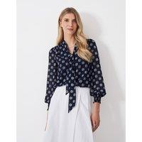Crew Clothing Chiffon Spot Print Tie Neck Blouse Navy