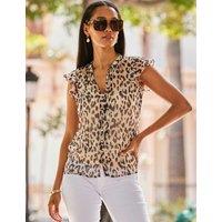 SOSANDAR Sparkly Animal Print Ruffle Top Brown Mix