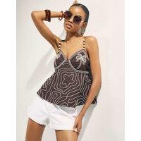 River Island Pure Cotton Embroidered V-Neck Cami Top Brown Mix