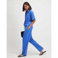 River Island Linen Rich Drawstring Tapered Trousers Blue