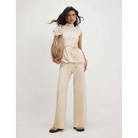 River Island Cotton Textured Wide Leg Trousers Beige