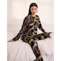 Chelsea Peers Jersey Leopard Print Cuffed Pyjama Set Navy