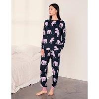 Chelsea Peers Jersey Elephant Print Cuffed Hem Pyjama Set Navy