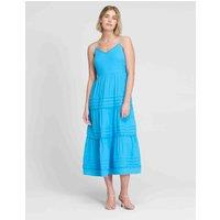 Finery London Pure Cotton V-Neck Strappy Midi Tiered Dress Blue