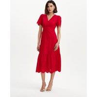 Finery London Pure Cotton Embroidered V-Neck Midi Dress Red