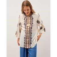 Monsoon Pure Cotton Embroidered Tie Neck Tunic Top Ivory