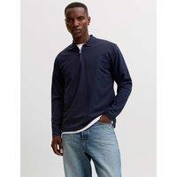 JACK & JONES Cotton Blend Half Zip Long Sleeve Polo Shirt Navy