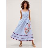 Monsoon Pure Cotton Floral Striped Midi Dress Blue Mix
