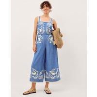 Monsoon Denim Embroidered Cropped Jumpsuit Blue Denim