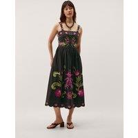 Monsoon Pure Cotton Floral Embroidered Midi Dress Black