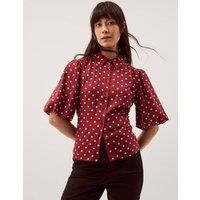 Monsoon Polka Dot Collared Puff Sleeve Shirt Berry