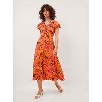 Monsoon Floral V-Neck Midi Skater Dress Orange Mix