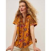 Monsoon Pure Cotton Floral Collarless V-Neck Shirt Orange Mix
