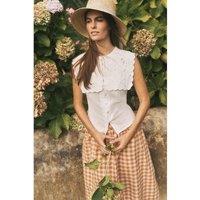 Monsoon Cotton With Linen Embroidered Collared Top Burgundy