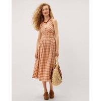 Monsoon Pure Cotton Gingham V-Neck Midi Dress Coral