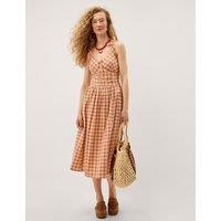 Monsoon Pure Cotton Gingham V-Neck Midi Dress Coral