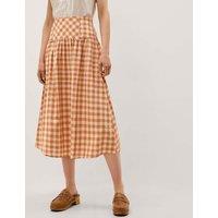 Monsoon Pure Cotton Gingham Midi A-Line Skirt Orange Mix