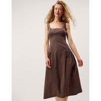 Monsoon Pure Cotton Square Neck Midi Dress Navy Mix