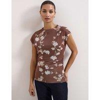 Phase Eight Mesh Jersey Floral Ruched Top Brown Mix