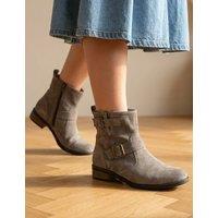 Jones Bootmaker Suede Buckle Block Heel Ankle Boots Taupe