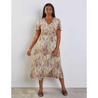 Live Unlimited London Jersey Animal Print Midaxi Skater Dress Neutral