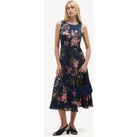 HOBBS Satin Floral Crew Neck Midi Skater Dress Blue Mix