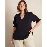 Live Unlimited London Jersey Shirred Sleeve V-Neck Top Black