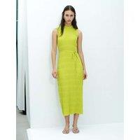 French Connection Plisse High Neck Tie Waist Midi Bodycon Dress Lime Green