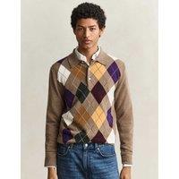 GANT Pure Lambswool Argyle Knitted Polo Shirt Brown Mix