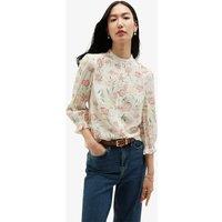 HOBBS Floral Round Neck Lace Trim 3/4 Sleeve Blouse White Mix