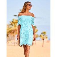SOSANDAR Pure Cotton Broderie Bardot Mini Shift Dress Blue