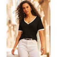 SOSANDAR Jersey V-Neck Contrast Trim T-Shirt Black Mix