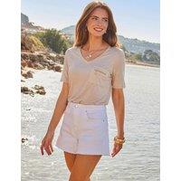 SOSANDAR Jersey Metallic V-Neck Zip Detail T-Shirt Natural