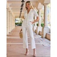 SOSANDAR Cotton Rich Denim Cropped Waisted Jumpsuit Cream